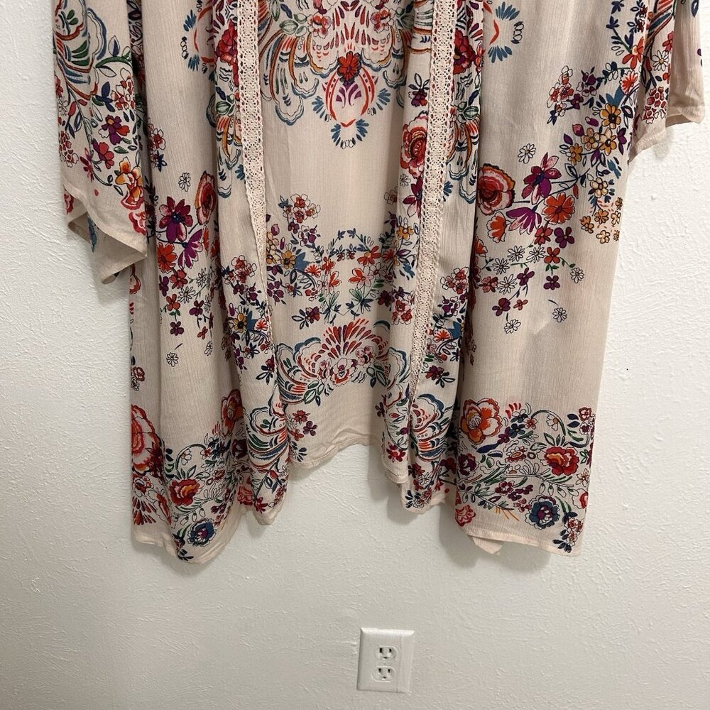 Bila Boho Hippie Floral Long Kimono Duster Cover-Up Cardigan Sz M/L Lace Trim - Picture 4 of 12